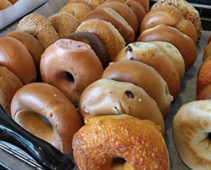 lineup of different types of bagels including cheese plain and cinnamon raisin